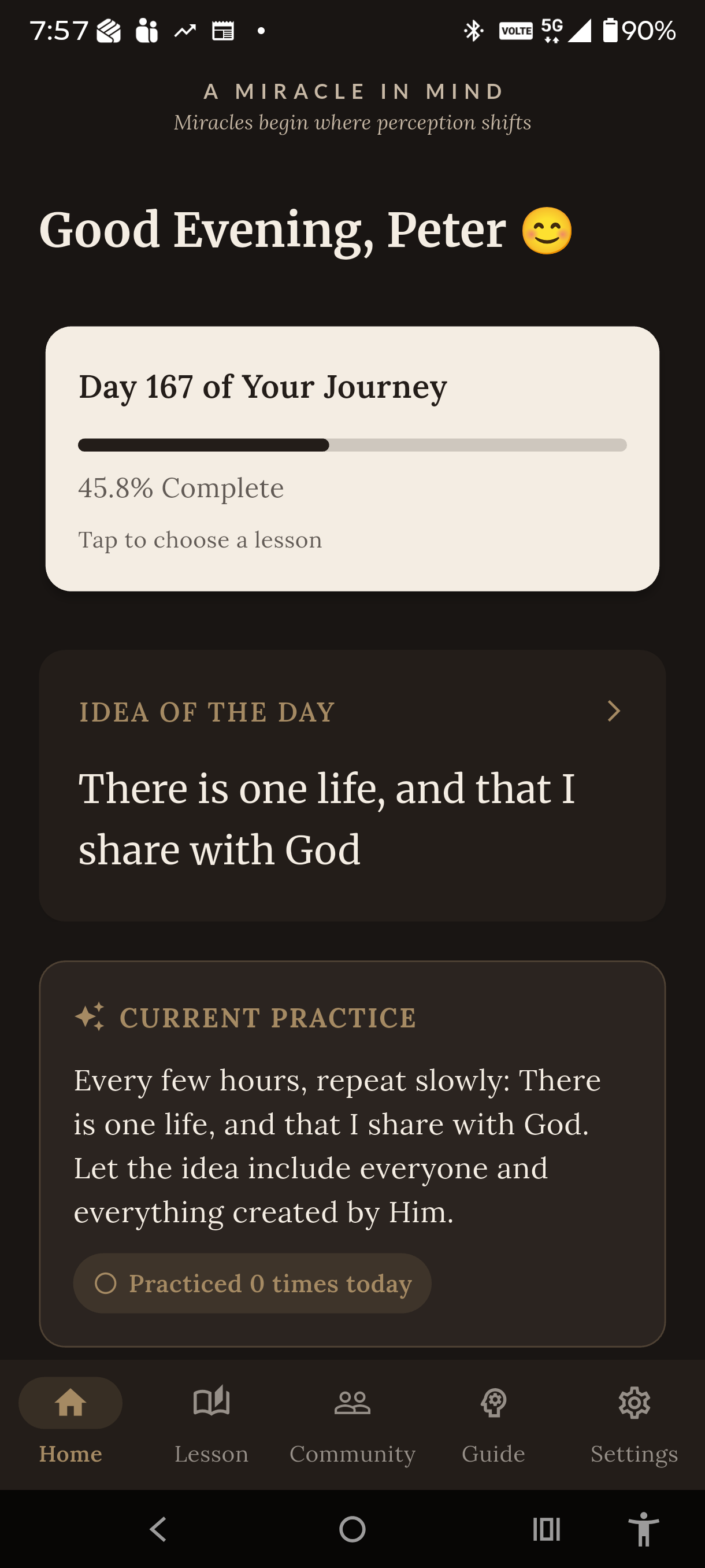 Daily dashboard – track your journey and today's practice